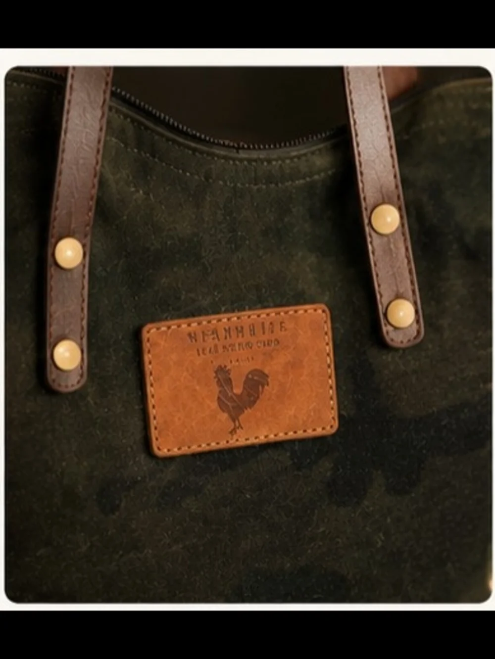 Men's Dark Olive Camo Canvas Tote with Brown Leather Trim